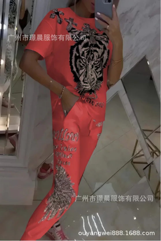 Spring Women Suit Print O-neck Short Sleeve Top Lace Up Long Pants Suits Female New Casual Elegant Trendy Ladies Clothes
