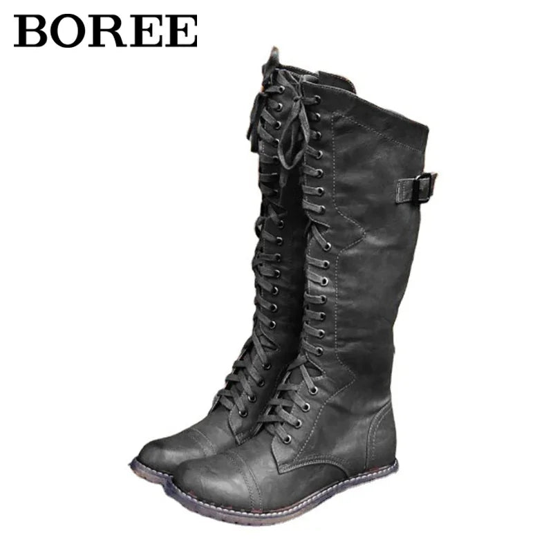 Women Knee High Boots Autumn Winter Lace Up Flat Shoes Sexy PU Leather Shoes Retro Buckle Women Shoes Fashion Black Knight Boots
