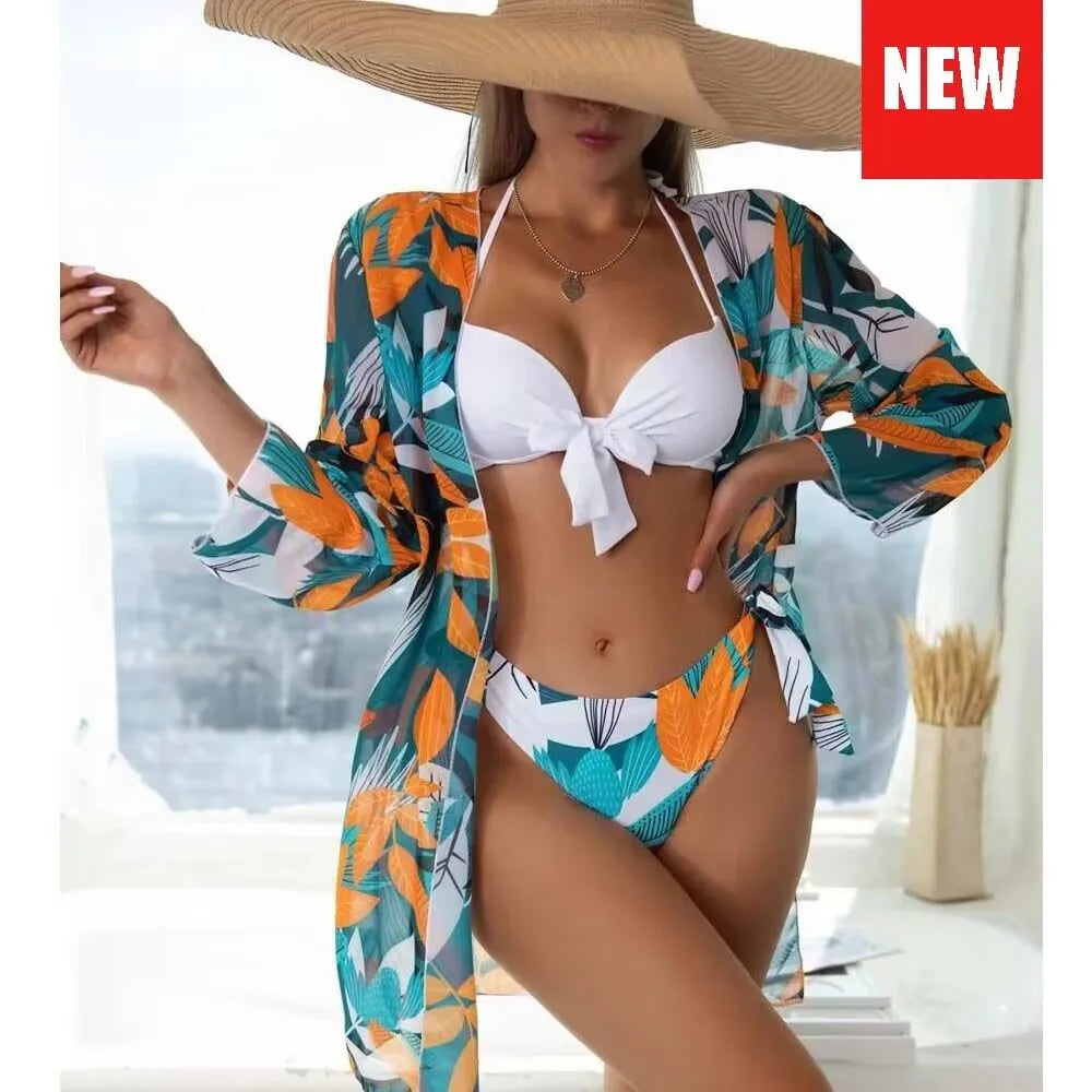 Three Pieces Bikini Set Cover Up Women New Push Up Twist Swimsuit Print Long Sleeve Swimwear Biquini Bathing Suit Summer