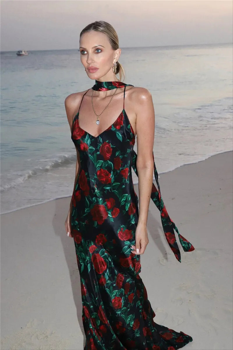 Mozision Halter Backless Print Sexy Maxi Dress For Women Gown Elegant Sleeveless High Waist Evening Club Party Long Dress