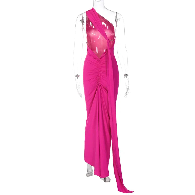 Hugcitar One Shoulder Backless Adjustable Scarf Loop Ruched Sexy Maxi Dress 2025 Women Elegant Y2K Streetwear Festival Outfit