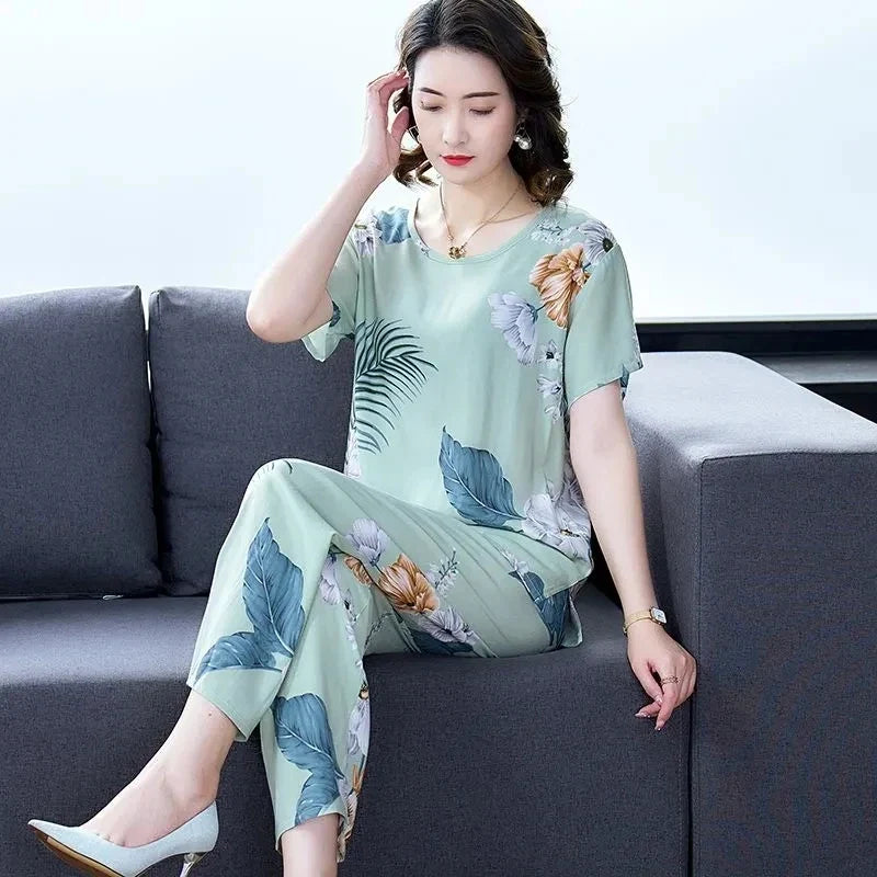 Women Summer Sets NEW Middle Aged Elderly Mother Cotton Silk Suit Casual Print Short Sleeve Top + Pants 2 Piece Set Femme Outfit
