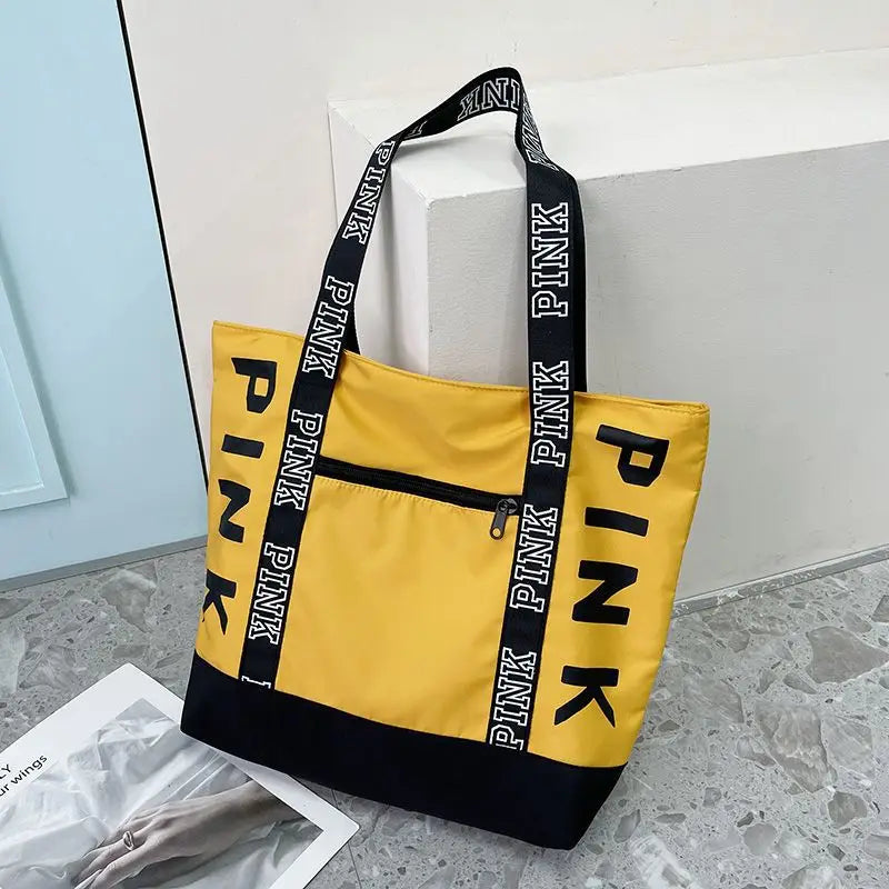 Tote Bag Capacity Canvas Women HandbagWoman Shoulder Bags Colorblock Pink Letter Graphic Tote Handbags Casual Sports Fitness