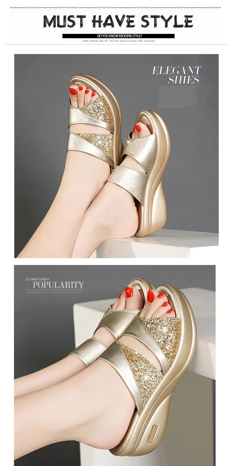 Sandals Woman Summer Gold Open Toe Sandal Dress Shoes Womens High Heels Sandals Platform Wedges Heeled Pumps Ladies Shoes