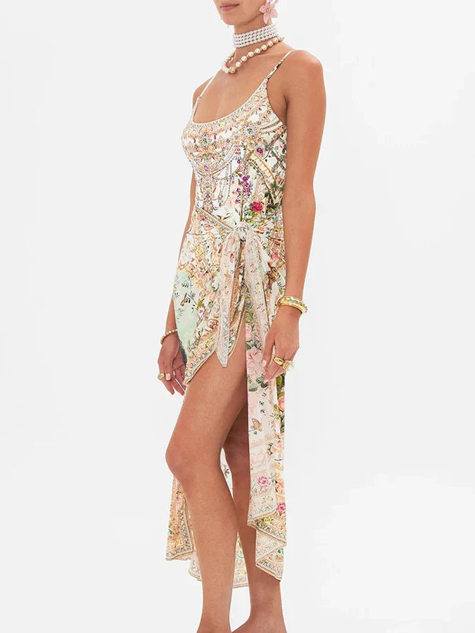 Fashion Floral Print Vintage Elegant Oil Print One Piece Women's Bikini Swimsuit U Neck Backless With Long Cover Up 2024 Summer