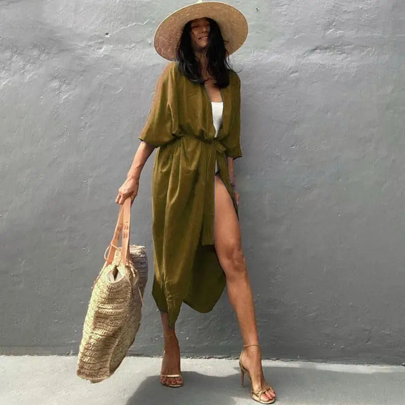 2023 Women's Boho Stripe Tie Dye Swimsuit Cover Up with Belt Tunic Sarong Cardigan Dress Bikini Cover-ups Beach Wear Kimono