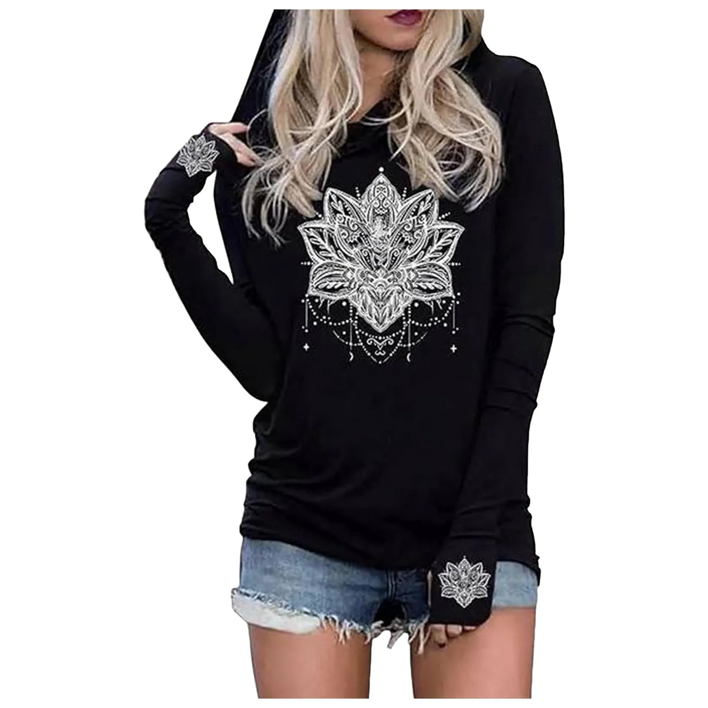 Halloween Graphic Long Sleeve Hooded T-Shirt Black Gothic Classic Vintage T-Shirt Moon Bat Tombstone Print Casual Y2k Clothes