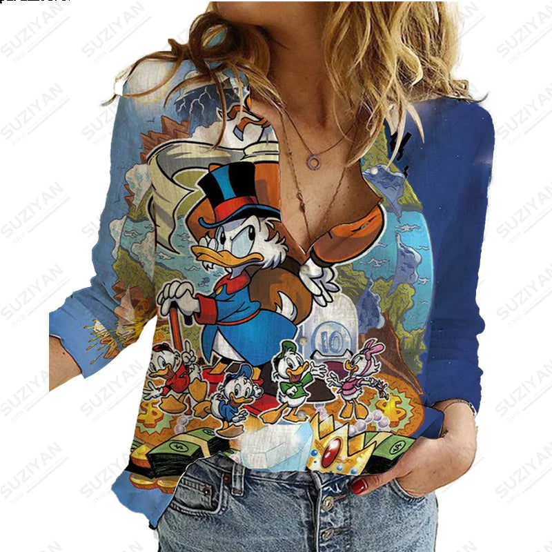 2023 Summer New Women's Long Sleeve Shirt Disney 3D Printed Button Cardigan Temperament Simple Shirt Street Loose Women's Shirt