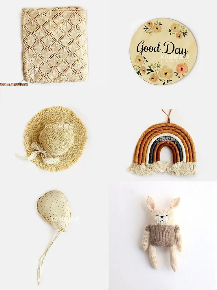 Newborn Photography Props Nordic Style Theme Set Knitted Hollow Jumpsuit Crochet Flower Hat Doll Rainbow Studio Baby Photo Props
