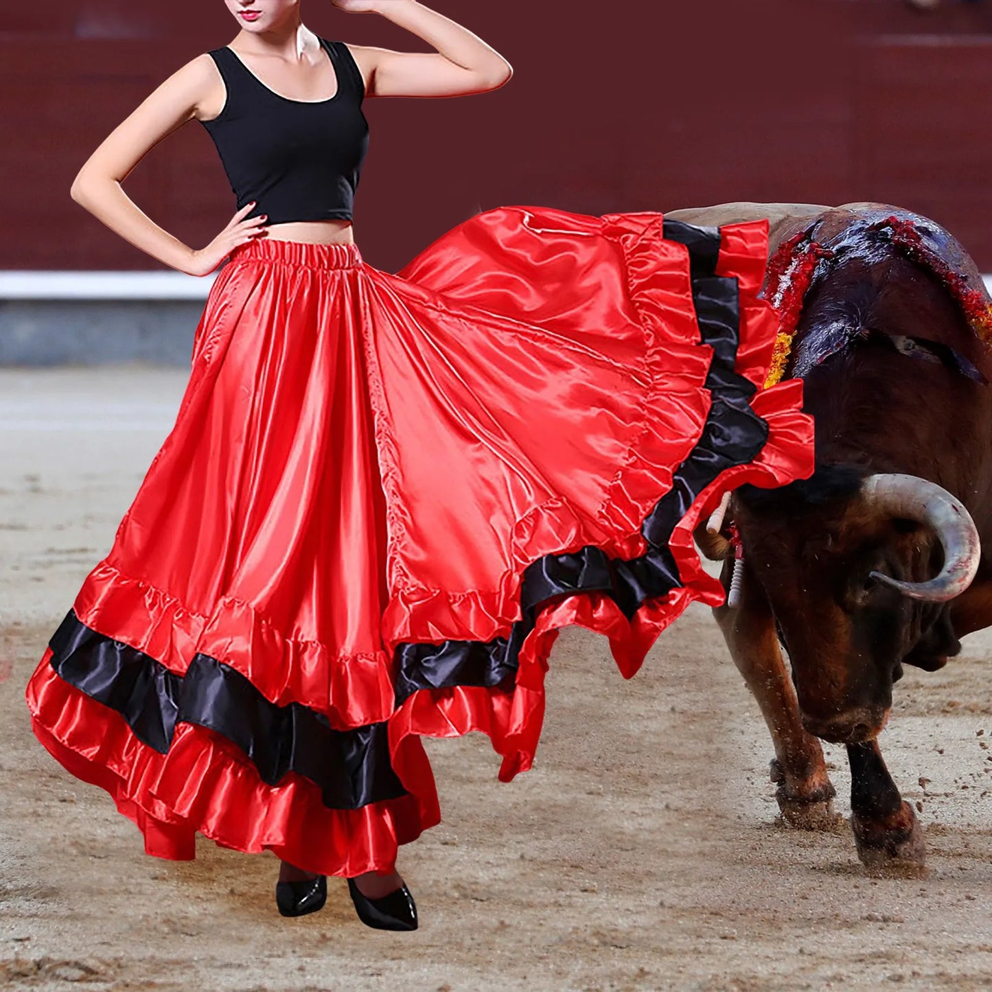 Womens Spanish Bull Dance Skirt Belly Dance Skirt Large Swing Skirt Ruffle Long Full Folkloric Mexican Skirt Flowy Dancing Dress