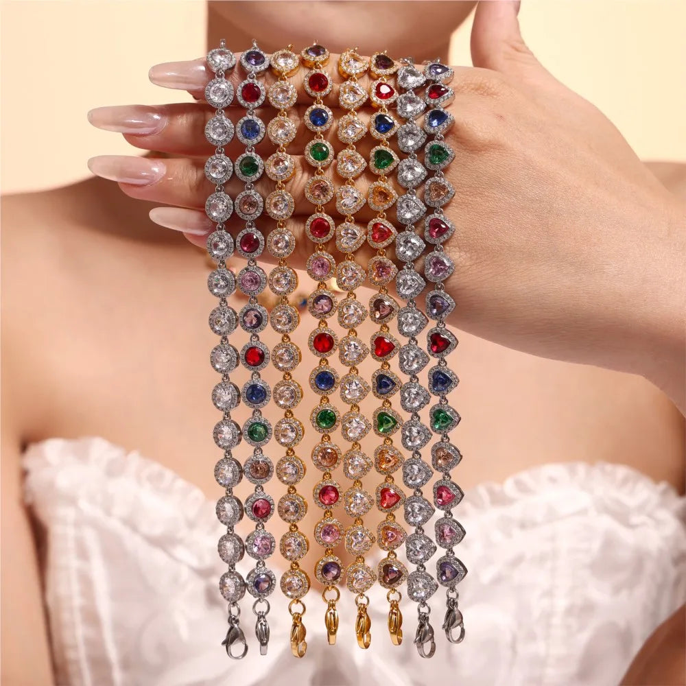 Stainless Steel Bracelets With Heart Round Zircon For Women 18K Gold Plated Waterproof Inoxidable No Tarnish Women's Bracelet