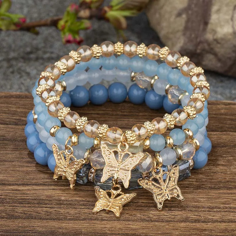 4pcs Bohemian Butterfly Charm Bracelet Set for Women Crystal Beads