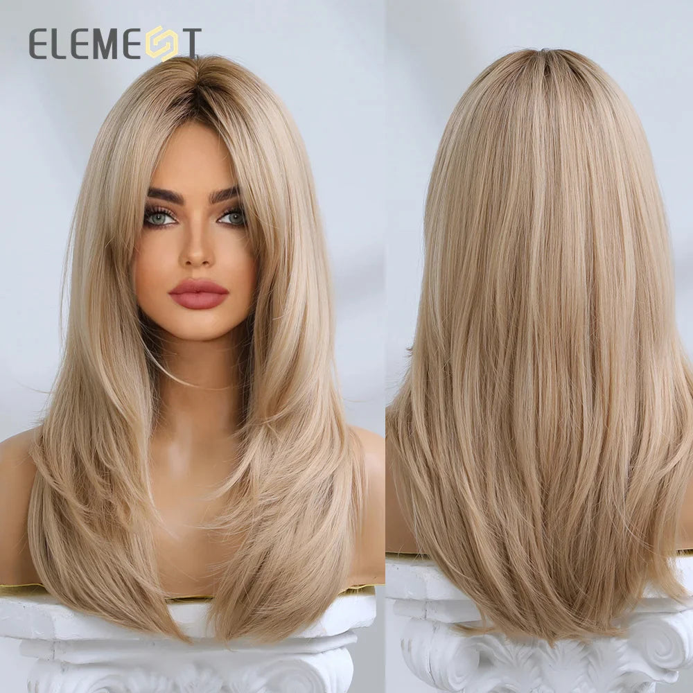 Element Medium Length Synthetic Straight Natural Brown Wigs with Side Bangs Heat Resistant Party Wigs for White/Black Women