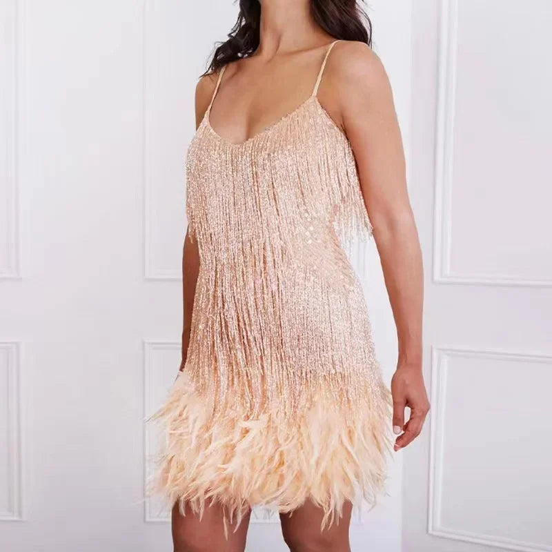 2024 Sexy Women's Fringed Sequin Feather Stitching Dress Summer Slim V-Neck Off Shoulder Dresses Female Backless Slip Mini Robe