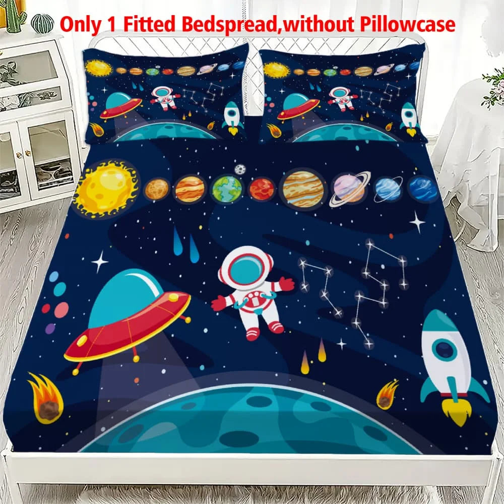 1pc Cartoon Space Astronaut Print Fitted Sheet Deep Pocket Elastic Mattress Cover Single Double Queen King Bedroom Decor
