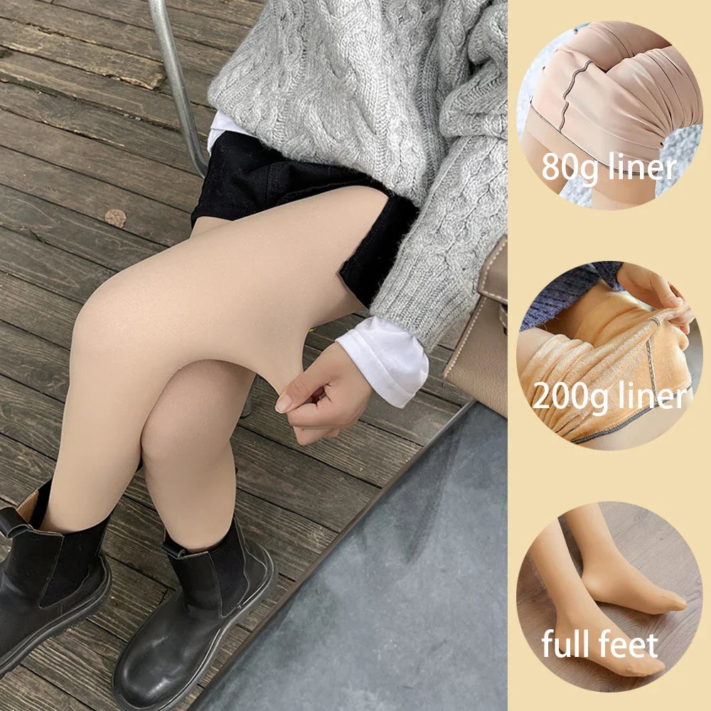 Loozykit Fleece Leggings Women's Insulated Tights Winter Thermal Stockings Sexy High Waist Elastic Pantyhose Skin Effect Socks