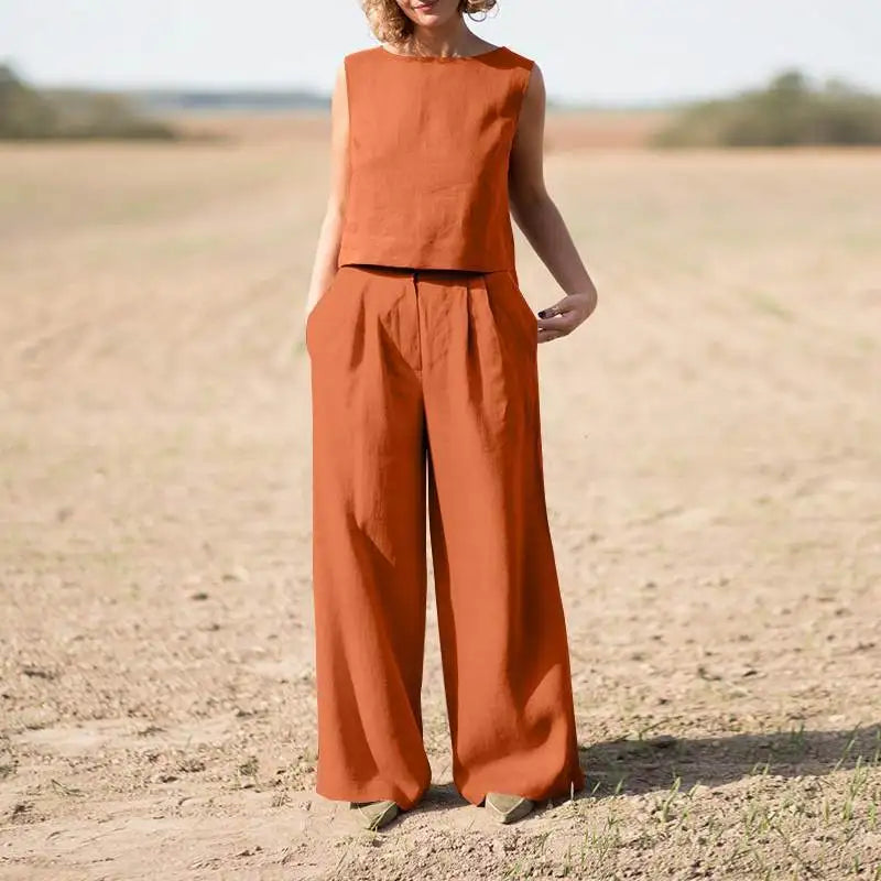Summer Cotton And Linen Casual Outfits Female Fashion Solid Color Two-piece Set For Women Sleeveless Top Trousers Women's Suit