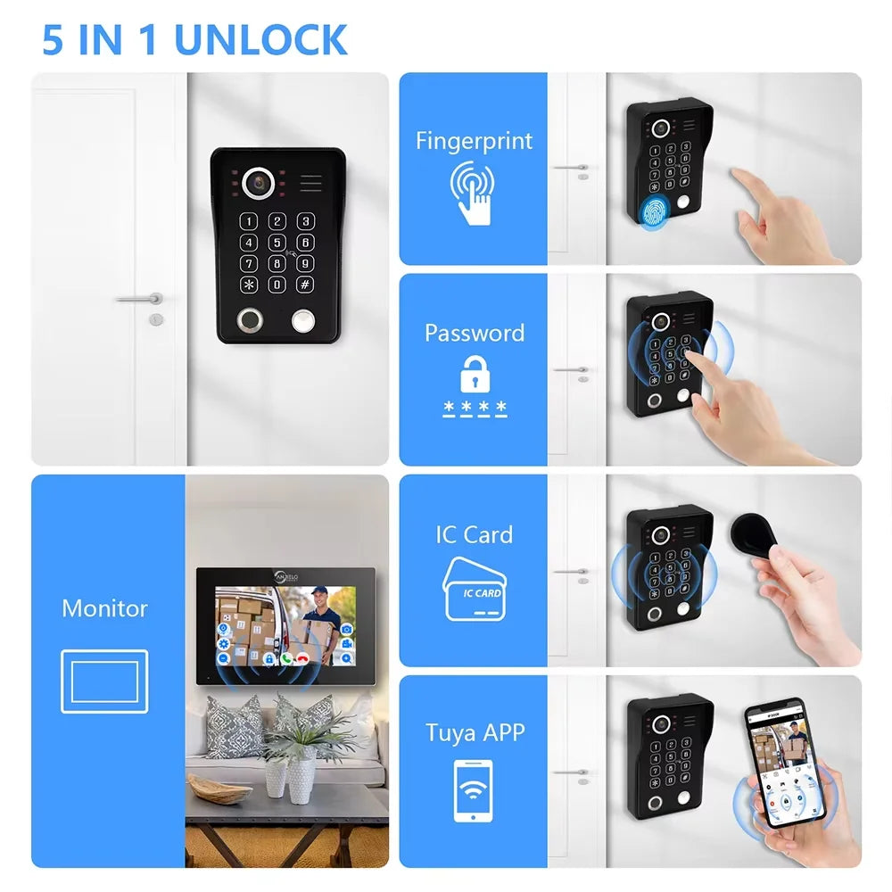 ANJIELO Tuya Smart Fingerprint 5-in-1 Unlocking Home Video Doorbell Video Intercom System 1080P Touch Monitor Security Protectio