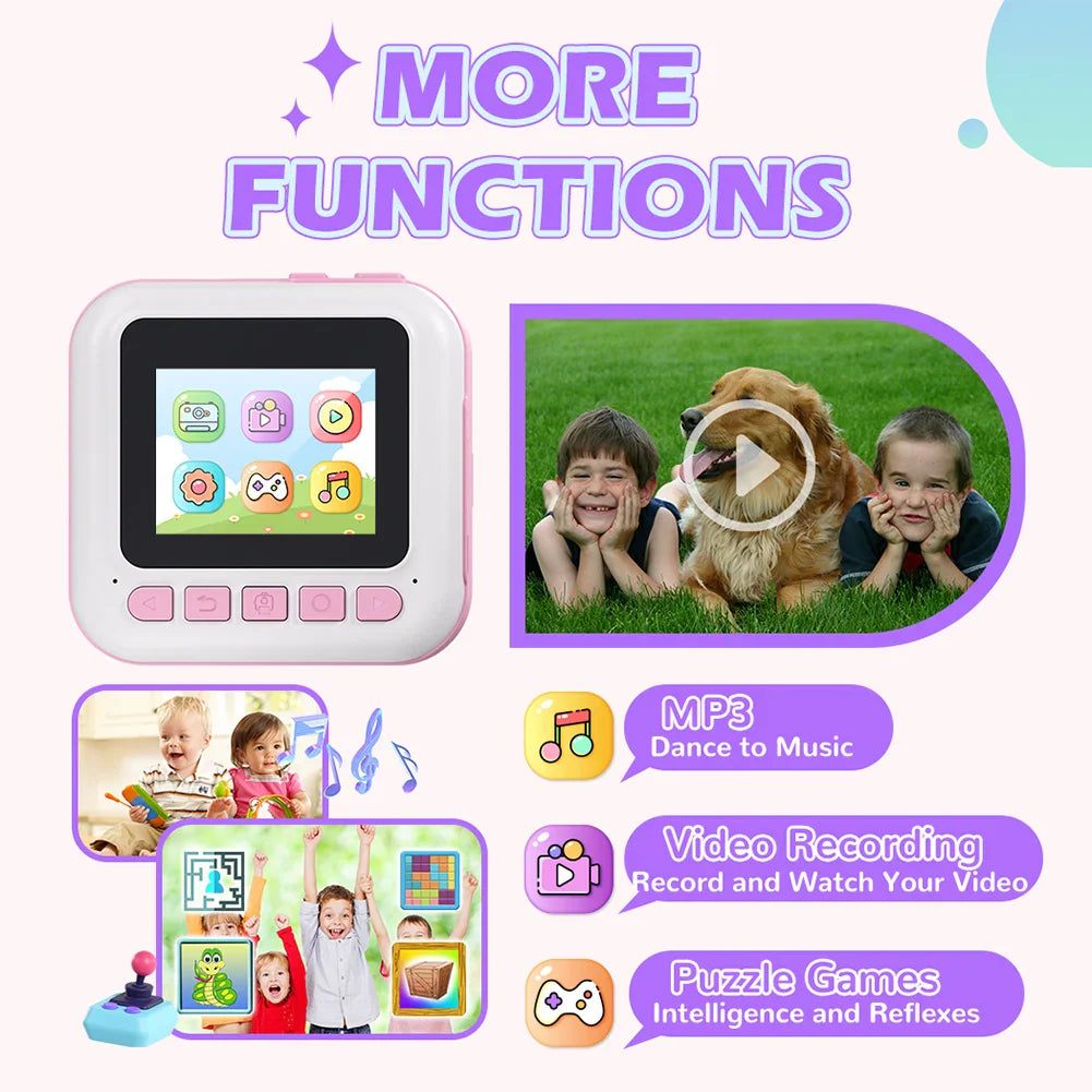 Kids Mini Instant Print Digital Camera with 48MP and 1080P Video for Fun Photography and Creative Coloring