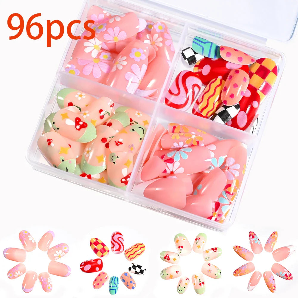576pcs/Box Colorful Fake Nails Black Red Design, Oval Short Square Press On Mixed Full Cover Nail Tips.