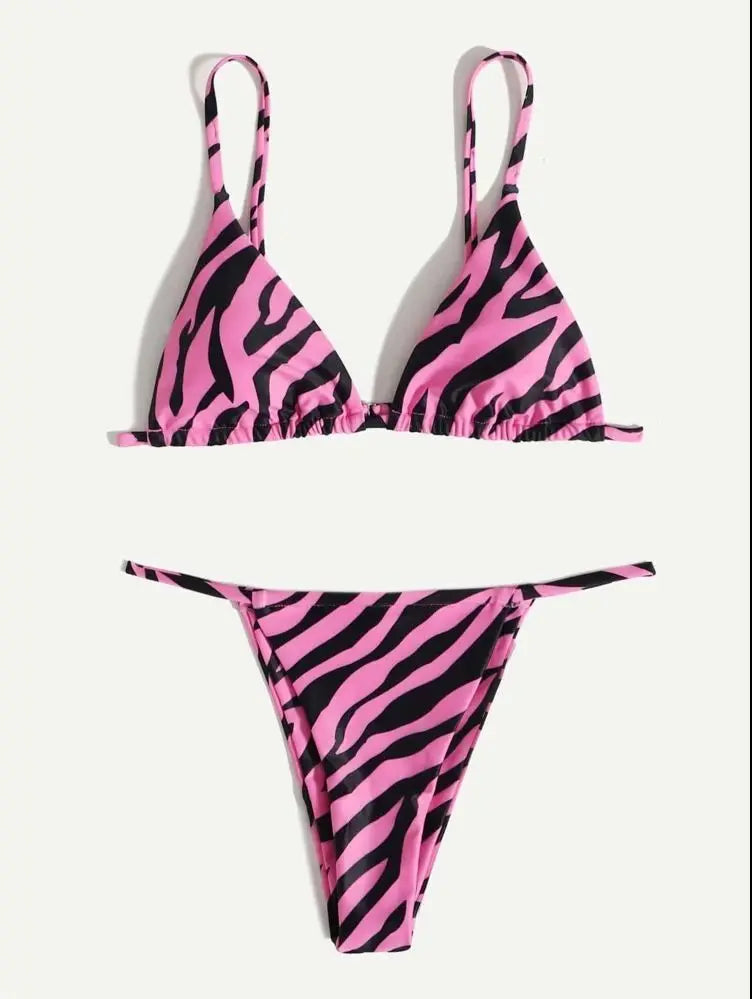 Sexy Triangle Split Swimsuit Striped Print Drawstring Women's Bikini Swimsuit