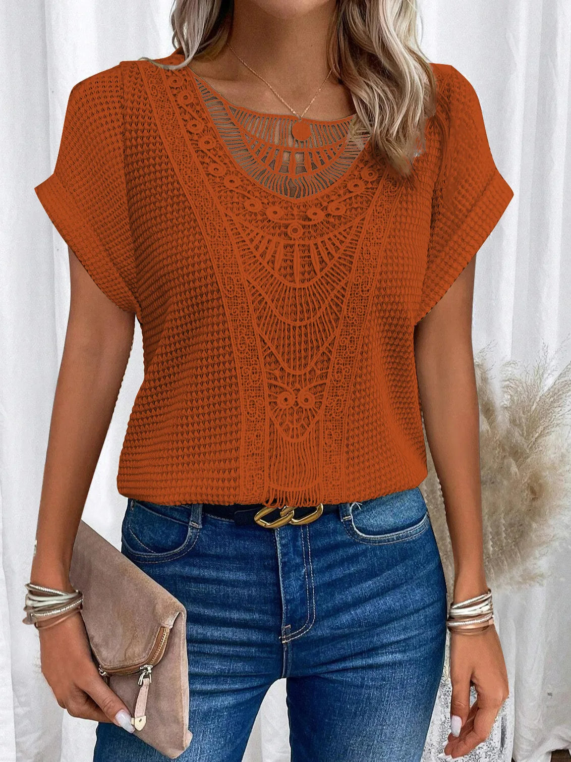 Fashion Lace Stitching T-shirt For Women's Tops Summer Casual Round Neck Office Ladies Clothes Short-sleeved Loose Tees Women