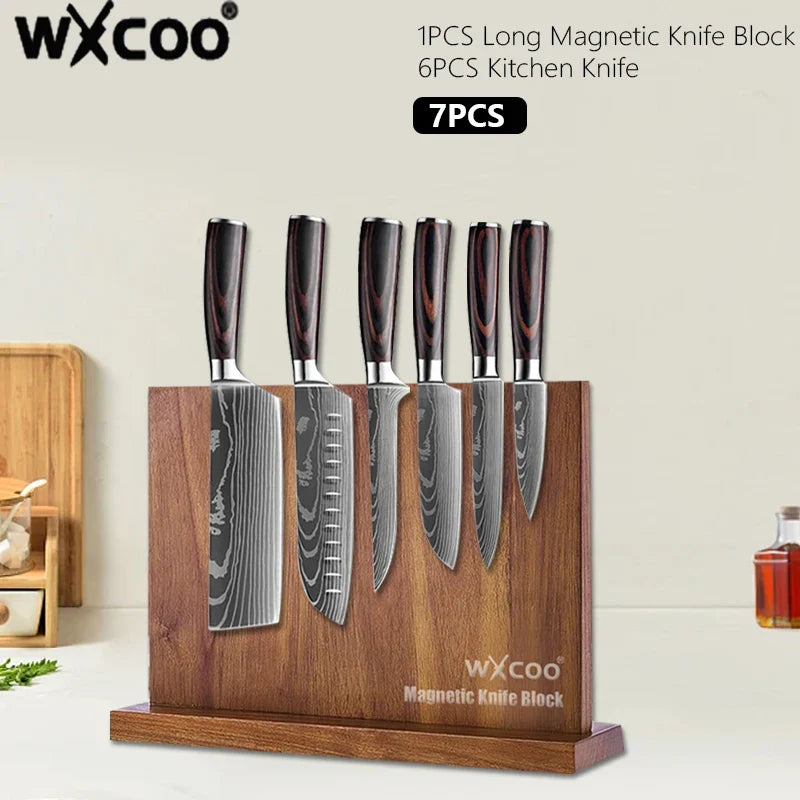 Damascus Steel Kitchen Knives VG10 Steel Fish Boning Knife Meat Cleaver Fruit Utility Cutter with Long Magnetic Knife Block