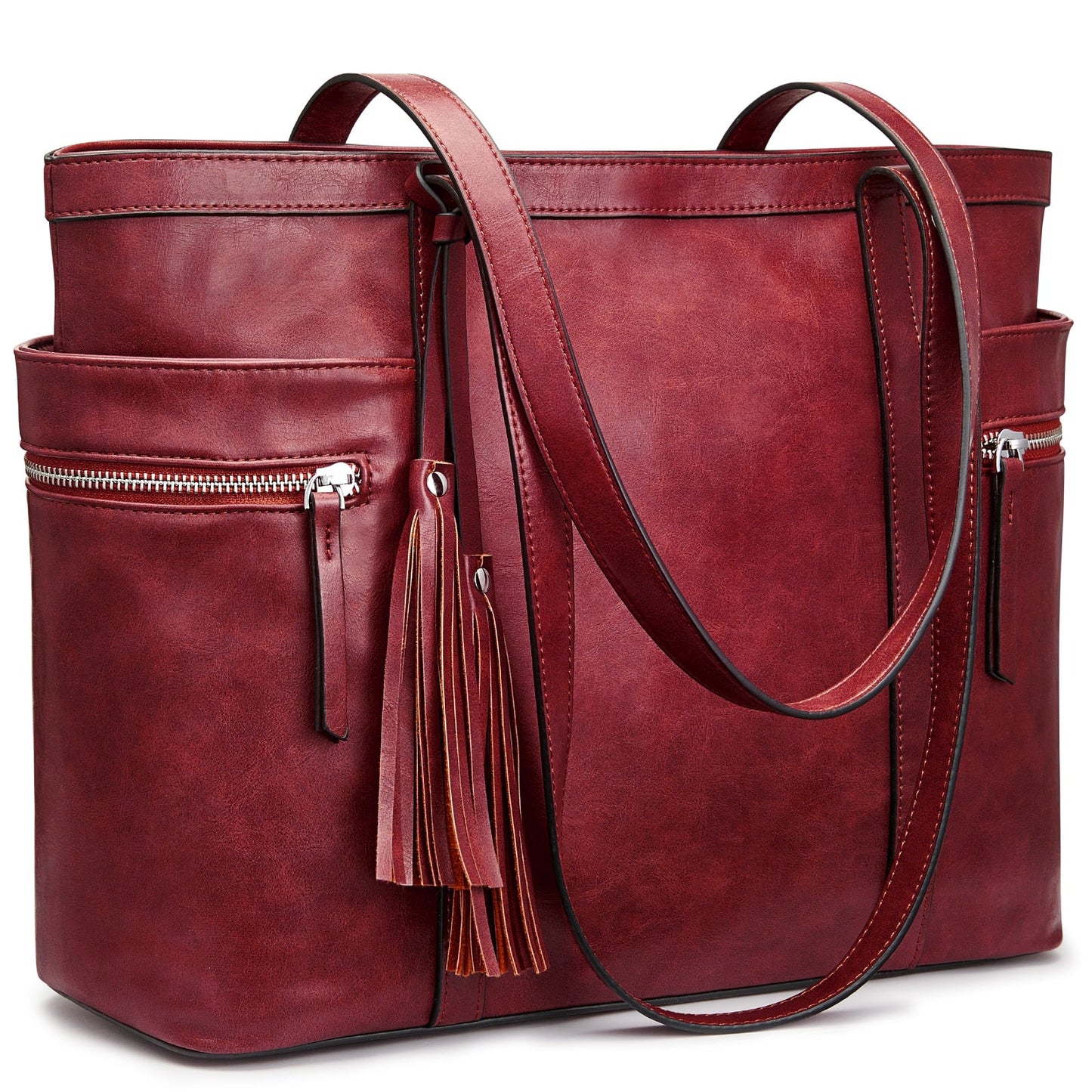 S-ZONE Women Leather Tote Multi-Pocket Large Shoulder Bag Ladies Work Handbag Purse with Tassel