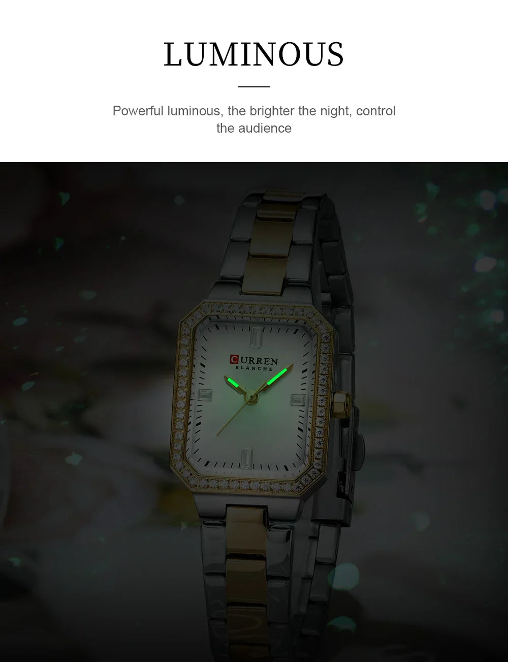 CURREN Luxurious Elegant Women's Watches Classic Rectangular Dial with Rhinestones Luminous Hands Waterproof