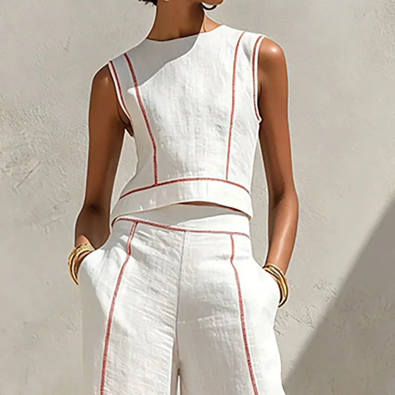 Women Striped Print 2 Piece Set Sleeveless Round Neck Tank Top High Waist Pocket Wide Leg Trousers Suit New Summer Resort Outfit
