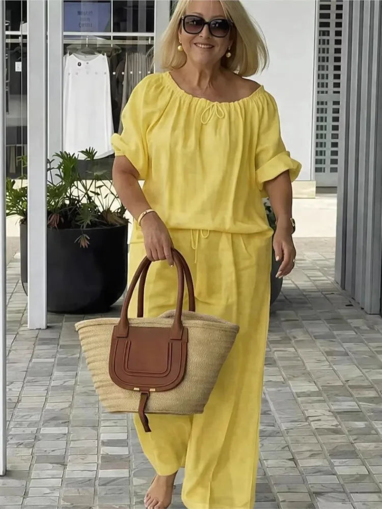 Fashion Casual Woman 2 Piece Set Outfit New Spring And Summer Women's Loose Drawstring Round Neck Top And Pants Two-piece Set