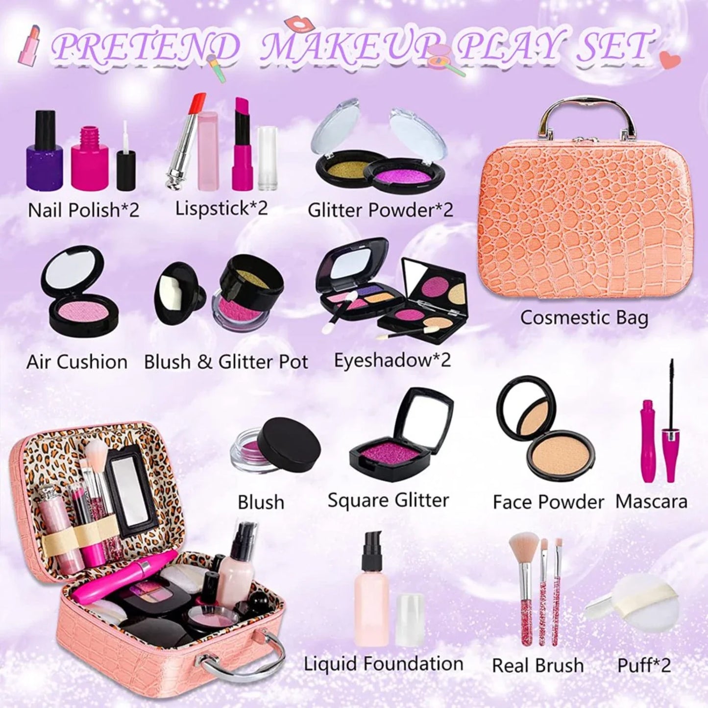 Kids Pretend Makeup Kit with Cosmetic Bag for Girls 4-10 Year Old - Including  Brushes, Eye Shadows, Lipstick, Mascare, Gittler