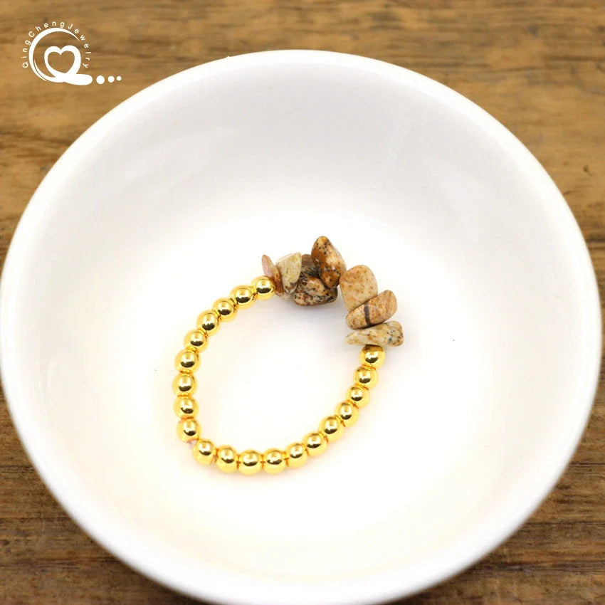 Healing Crystal Chip Stackable Rings Golds Brass Round Beads Natural Stone Gravel Stretchy Ring Fashion Women Jewelry,QC4218
