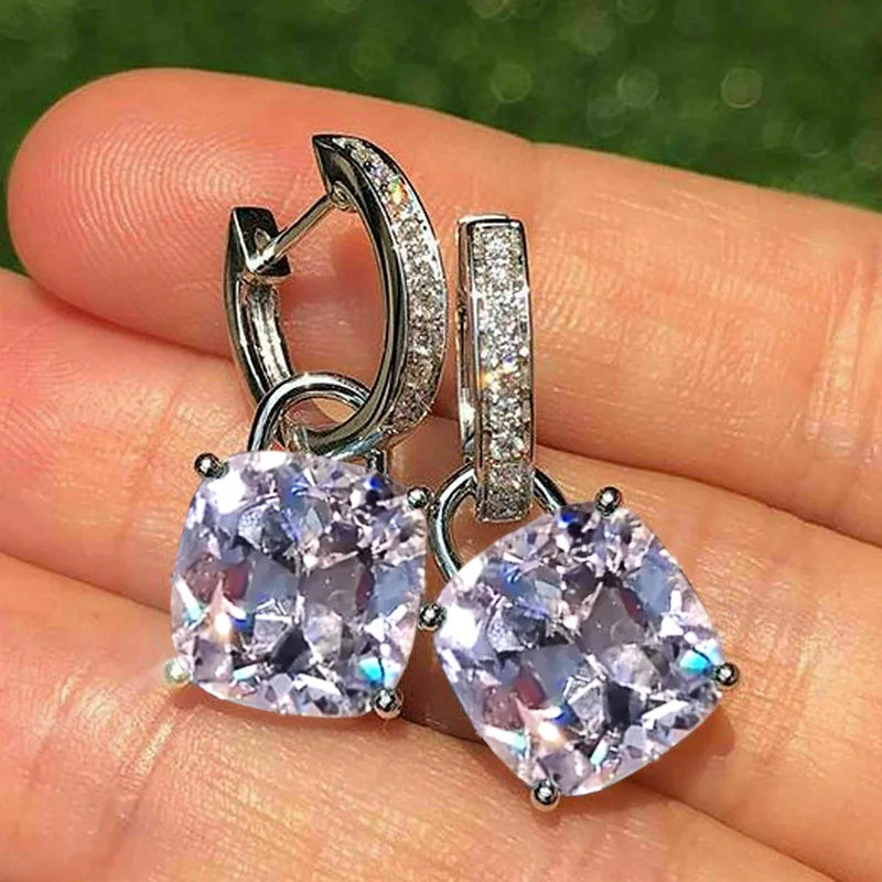 Huitan New Arrival Dangle Earrings Women Cushion Cut Blue Cubic Zirconia Pendant Simple Stylish Girls Earrings Statement Jewelry