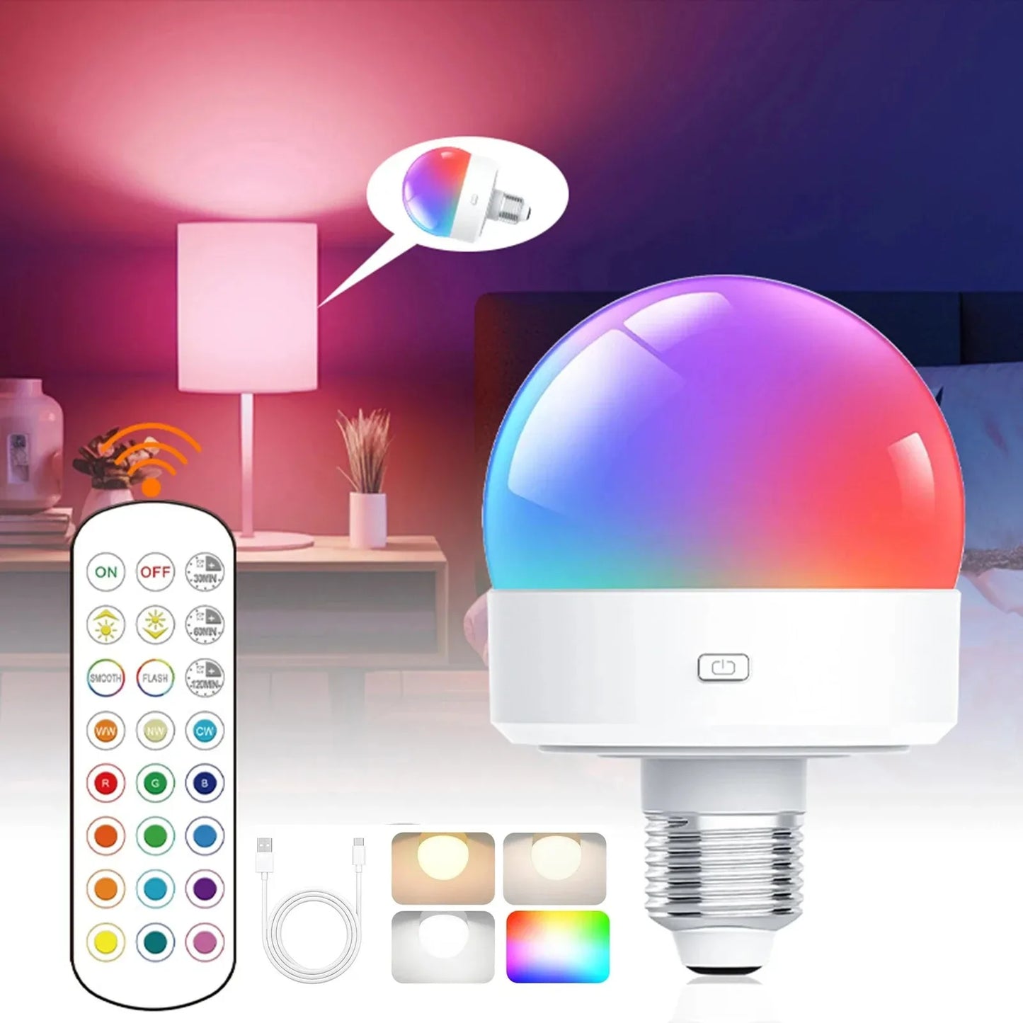 GGbingo Rechargeable LED Smart Bulb E27 USB Control Color Temperature 15 Brightness Levels RGB Timer Function with Remote