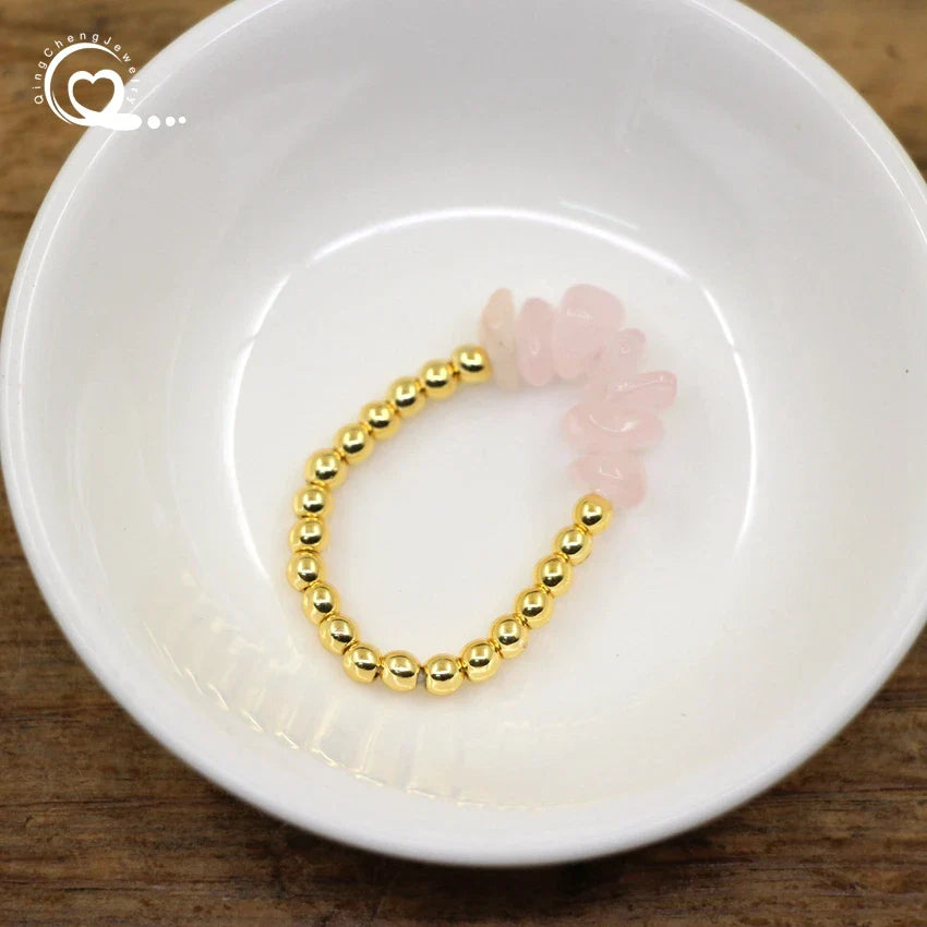 Healing Crystal Chip Stackable Rings Golds Brass Round Beads Natural Stone Gravel Stretchy Ring Fashion Women Jewelry,QC4218