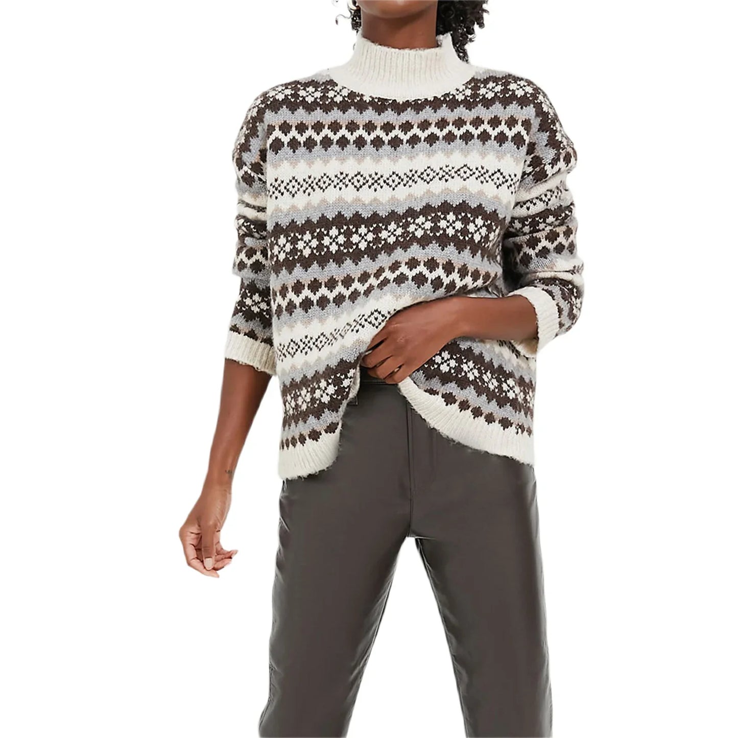 Women s Retro Print Fall Sweater Long Sleeve High Neck Loose Knitwear Winter Pullover