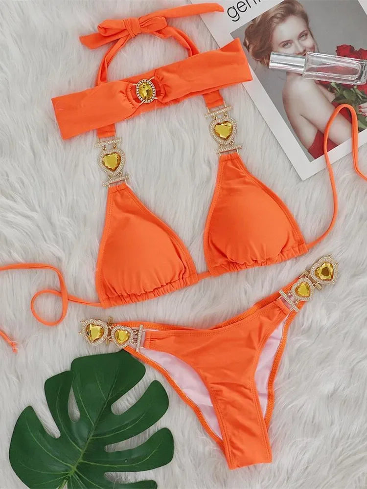 Sexy Rhinestones Bikini 2024 Mujer Women Solid Red Glitter Diamond Thong Swimwear Metal Chain Bathing Suit Band 3 Piece Swimsuit