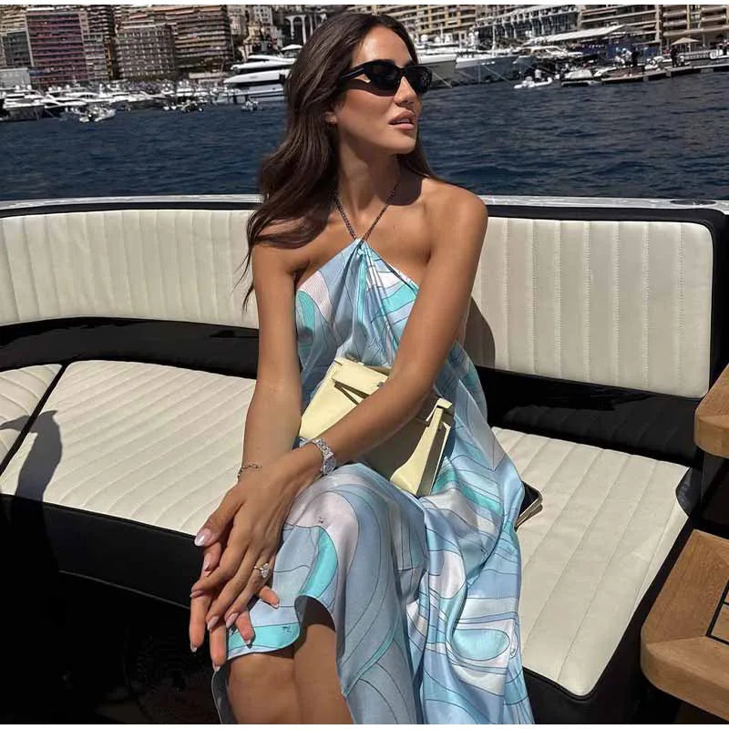 Chic Print Sling Long Dress Women Sleevless Backless Side Split Party Dresses 2025 Summer Street Beach Lady Ankle-length Robes