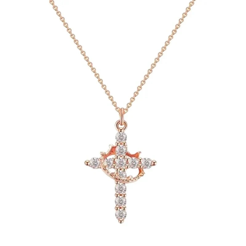 Exquisite Crown Cross Rhinestone Rotating Necklace for Women Fashion Copper Stainless Steel Necklace Party Banquet Jewelry Gift
