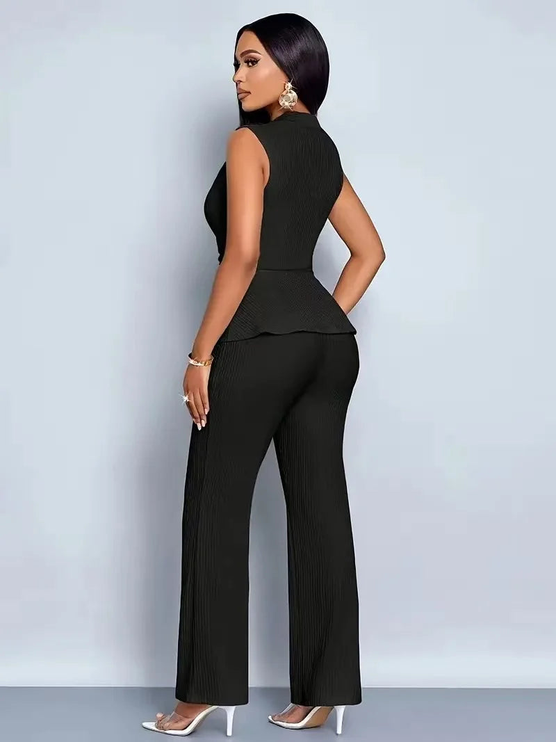 Women's Elegant 2 Piece Outfits Sleeveless V Neck Pleated Peplum Top And Straight Leg Pants Set Casual Office Workwear Matching