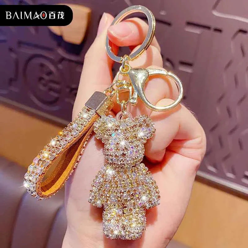 Cute Rhinestones Tassel Bear Keychain Couple Keychain Decoration Small Car Ring Student Bag Pendant