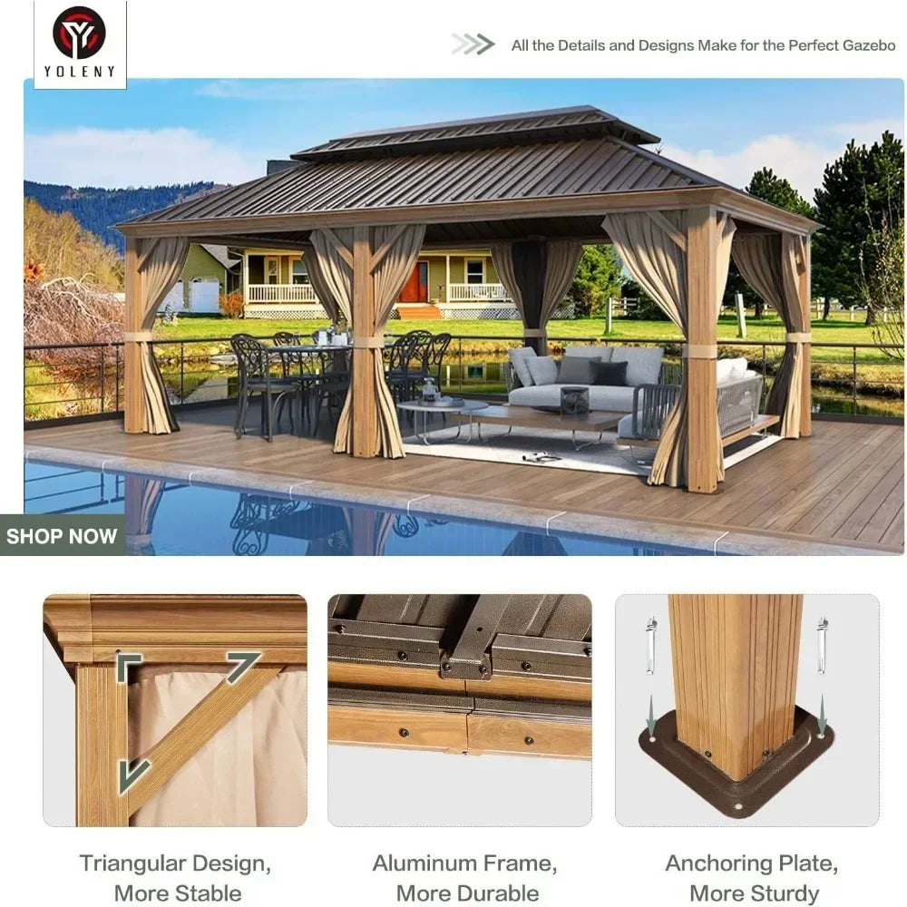 12x20 Gazebo, Hardtop Wood-Looking Gazebo with Galvanized Steel Double Roof, Patio Hardtop Gazebo with Netting and Curtains