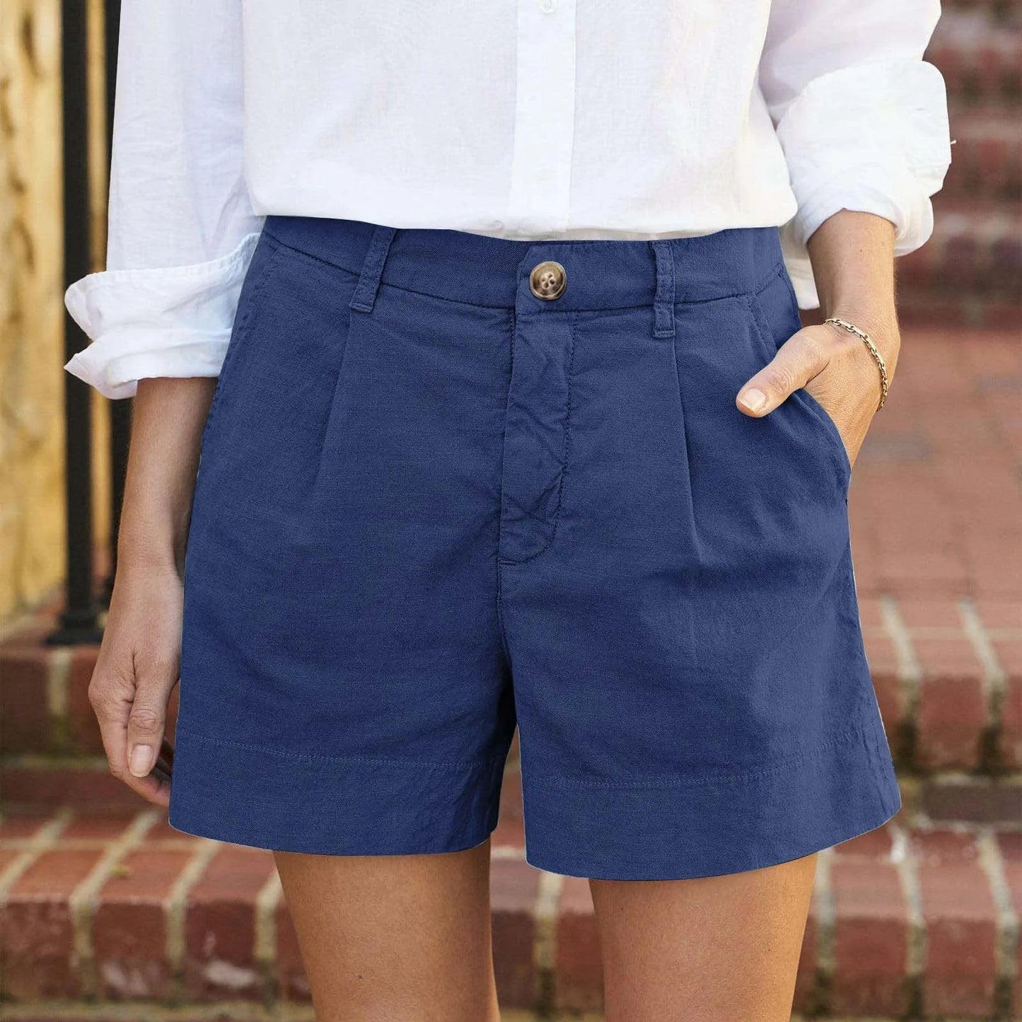 Women'S Summer Shorts Soft Stretch Twill Shorts With Side Pockets Classic Solid Straight Button Daily Commute Comfy Shorts