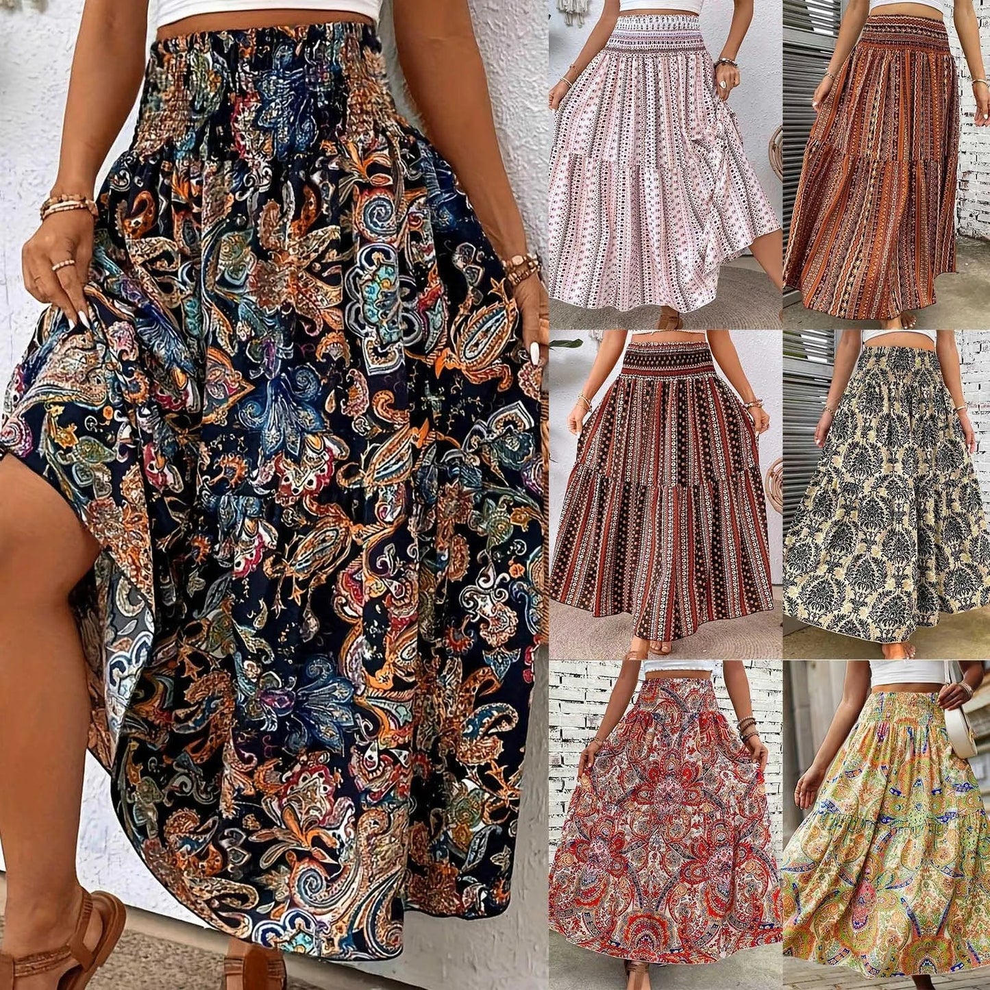 Vintage Boho Skirts For Women Summer Elastic Waist A-Line Faldas Bohemian Printed Flowy Skirt Beachside Swing Maxi Long Skirts