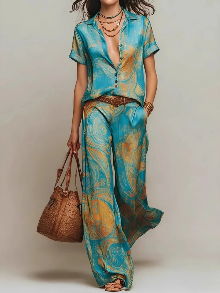 Women's Boho Paisley Print Two-Piece Set V-Neck Short Sleeve Blouse Top Wide Leg Pants Casual Loose Suit for Vacation
