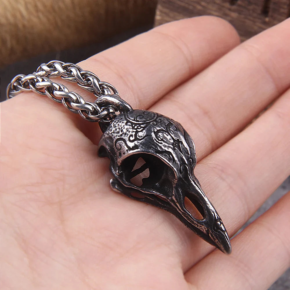 Retro Nordic Odin Crow Skull Pendant for Men Women Gothic 316L Stainless Steel Raven Skull Necklace Fashion Jewelry with box