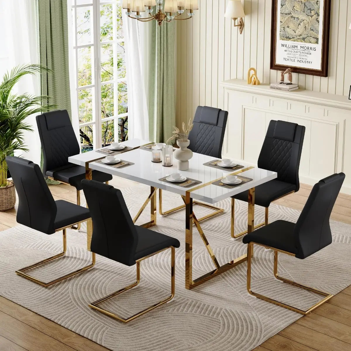 Dining Table Set for 6, Kitchen Table Chairs Set of 6, 55" White High-Gloss Lacquered Tabletop & Electroplated Metal Frame.