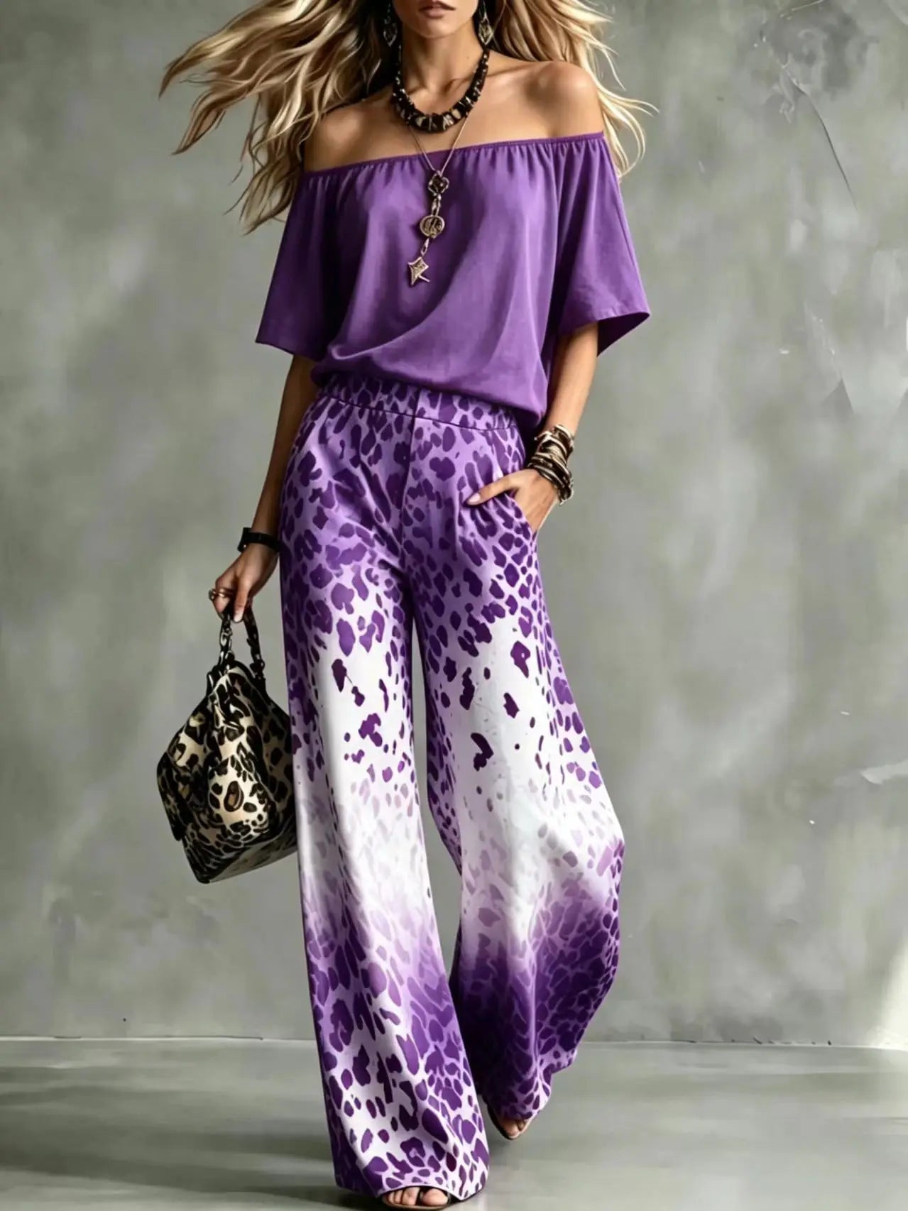 Summer Women Off Shoulder Short Sleeve Top Gradient Leopard Print Wide Leg Pants Two Piece Boho Casual Fashion Matching Suit New