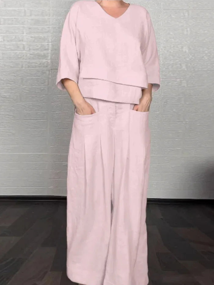 Casual Loose Irregular Cotton Linen Women's Top Set Spring Summer New Fashion Pocket Wide-leg Pants For Women Office 2-piece Set